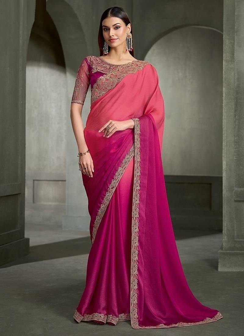 shaded magenta satin chiffon banglori work blouse party wear saree
