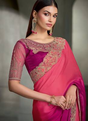 shaded magenta satin chiffon banglori work blouse party wear saree 2