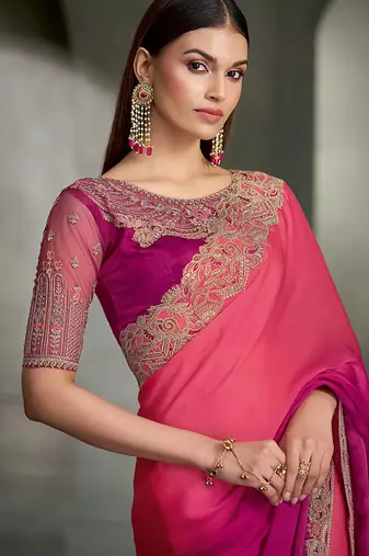 shaded magenta satin chiffon banglori work blouse party wear saree