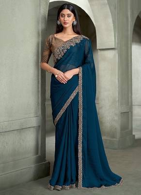 teal blue georgette with banglori work blouse party wear saree 1