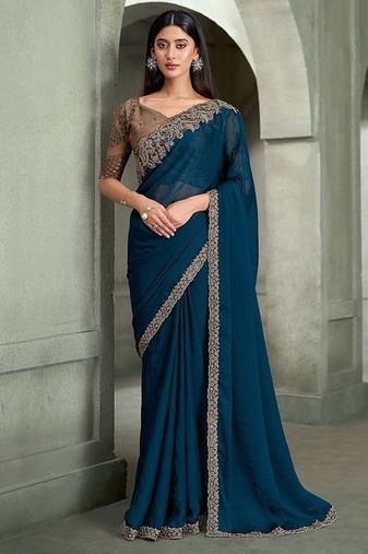 teal blue georgette with banglori work blouse party wear saree