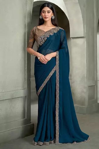 teal blue georgette with banglori work blouse party wear saree