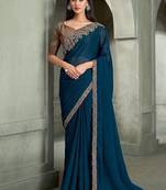 teal blue georgette with banglori work blouse party wear saree