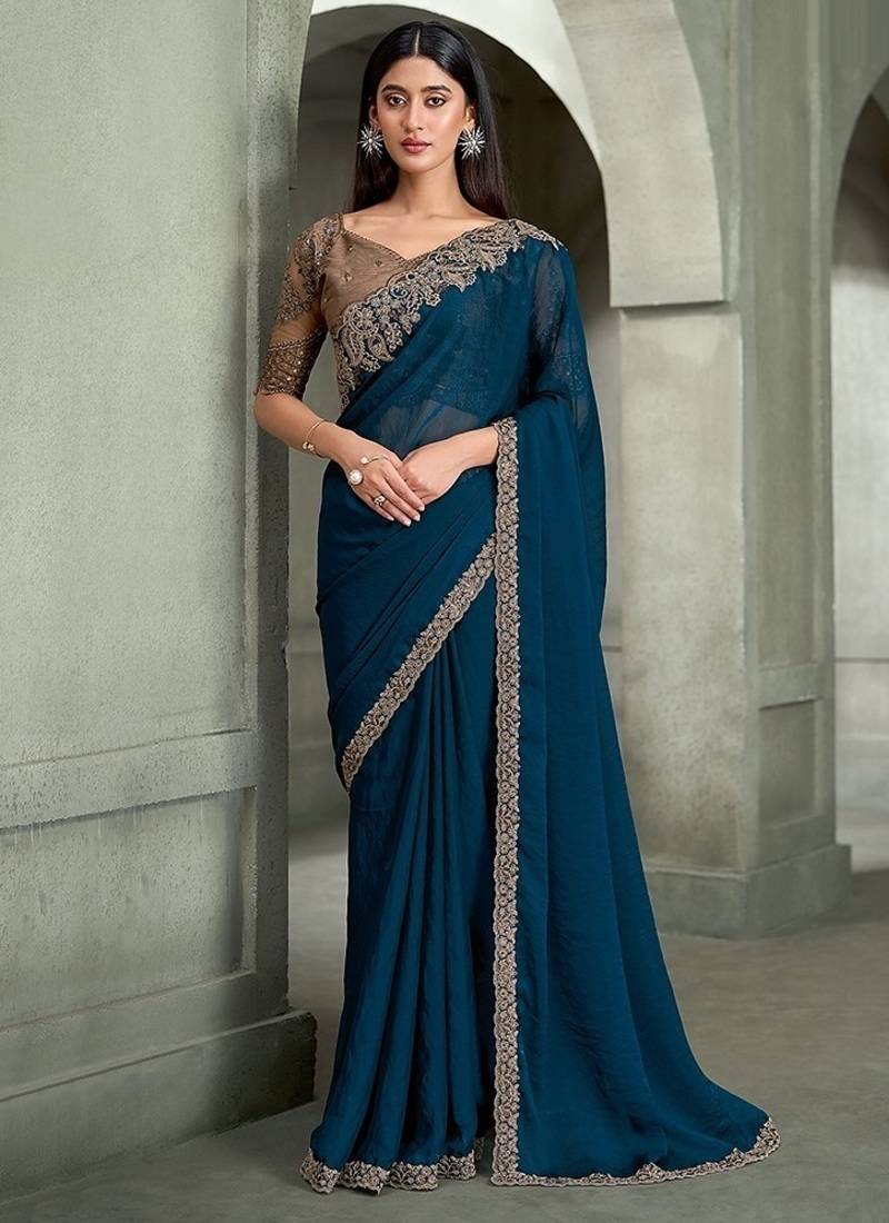 teal blue georgette with banglori work blouse party wear saree