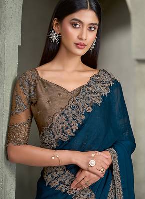 teal blue georgette with banglori work blouse party wear saree 2