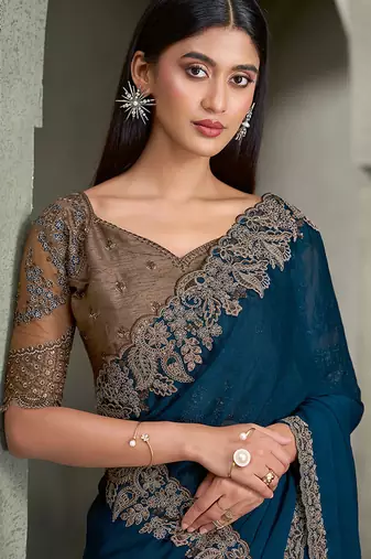 teal blue georgette with banglori work blouse party wear saree