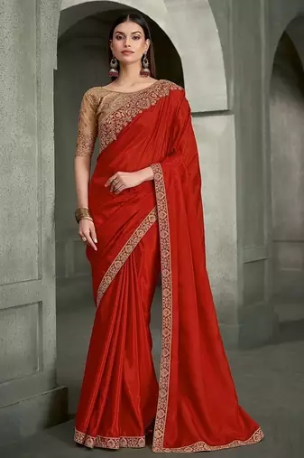 orange crape with banglori work blouse party wear saree
