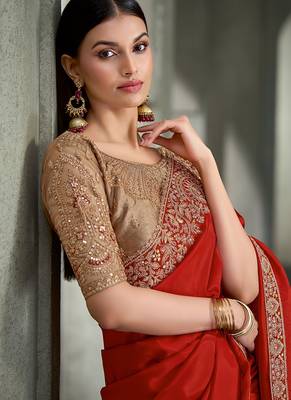 orange crape with banglori work blouse party wear saree 2
