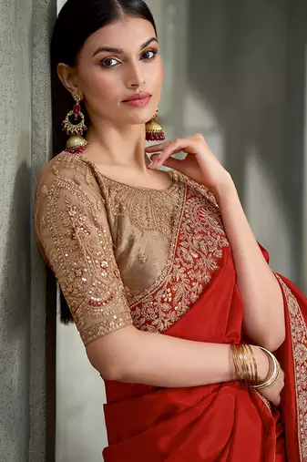 orange crape with banglori work blouse party wear saree