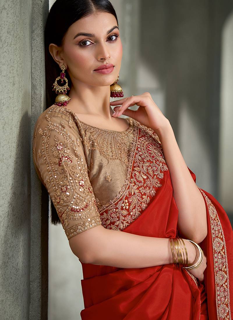 orange crape with banglori work blouse party wear saree