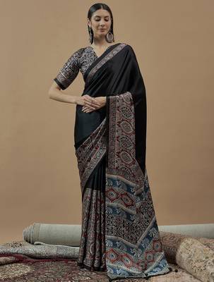 black ajrak block poly crepe block print saree 1