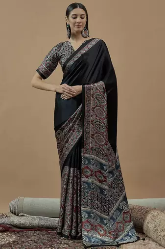 black ajrak block poly crepe block print saree