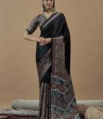 black ajrak block poly crepe block print saree