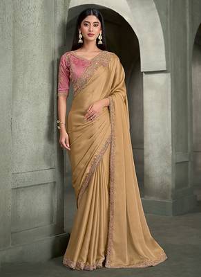 cream satin georgette with banglori work blouse party wear saree 1