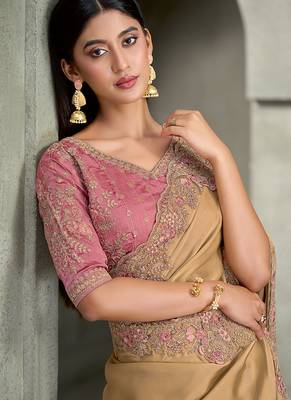 cream satin georgette with banglori work blouse party wear saree 2