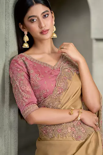cream satin georgette with banglori work blouse party wear saree