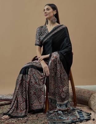 black ajrak block poly crepe block print saree 2