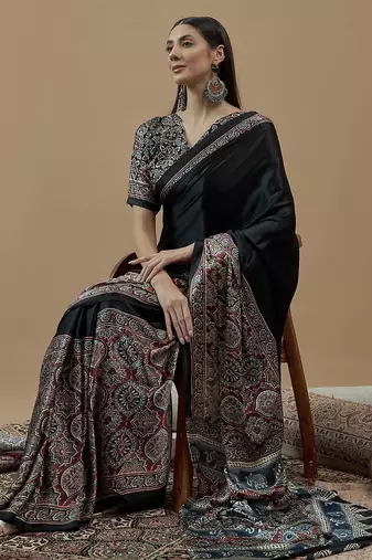 black ajrak block poly crepe block print saree