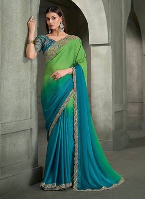 shaded light green & sky blue satin chiffon with banglori work blouse party wear saree 1