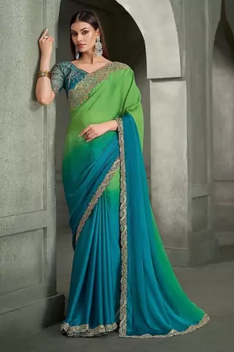 shaded light green & sky blue satin chiffon with banglori work blouse party wear saree