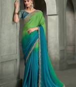 shaded light green & sky blue satin chiffon with banglori work blouse party wear saree