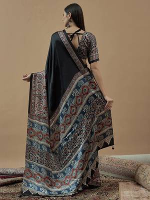 black ajrak block poly crepe block print saree 3