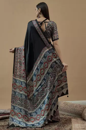 black ajrak block poly crepe block print saree