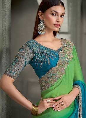 shaded light green & sky blue satin chiffon with banglori work blouse party wear saree 2