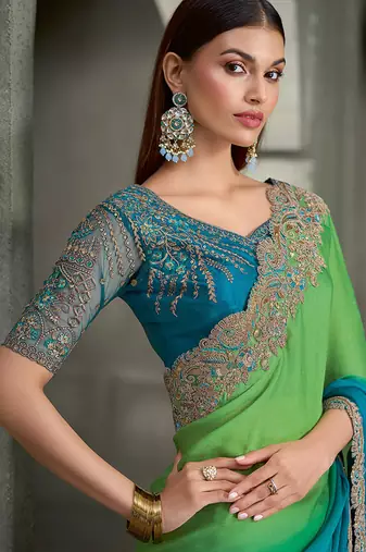 shaded light green & sky blue satin chiffon with banglori work blouse party wear saree