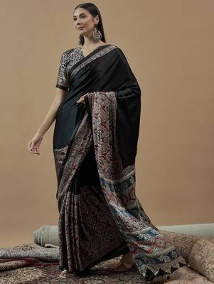 black ajrak block poly crepe block print saree 4