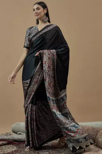 black ajrak block poly crepe block print saree