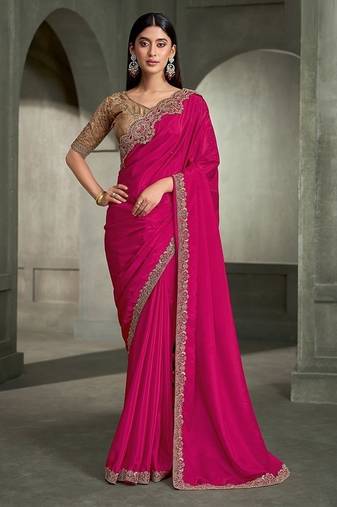 rani pink crape with tussar work blouse party wear saree
