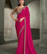 rani pink crape with tussar work blouse party wear saree
