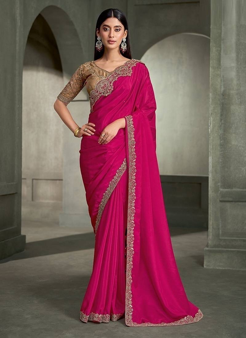 rani pink crape with tussar work blouse party wear saree