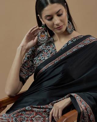 black ajrak block poly crepe block print saree 5