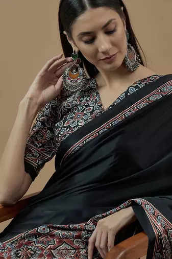 black ajrak block poly crepe block print saree