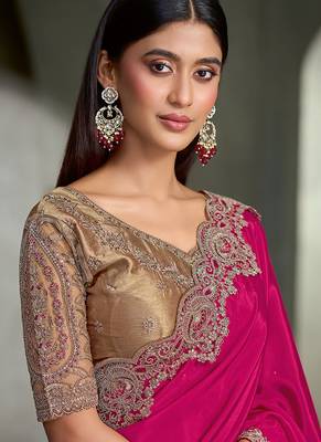 rani pink crape with tussar work blouse party wear saree 2