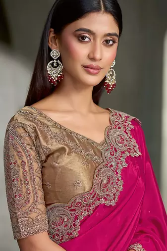 rani pink crape with tussar work blouse party wear saree