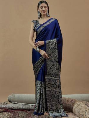 blue ethnic motifs ajrak poly crepe block print saree 1