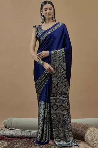 blue ethnic motifs ajrak poly crepe block print saree