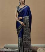 blue ethnic motifs ajrak poly crepe block print saree
