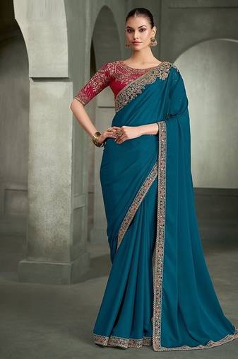 teal blue crape with georgette work blouse party wear saree