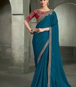 teal blue crape with georgette work blouse party wear saree