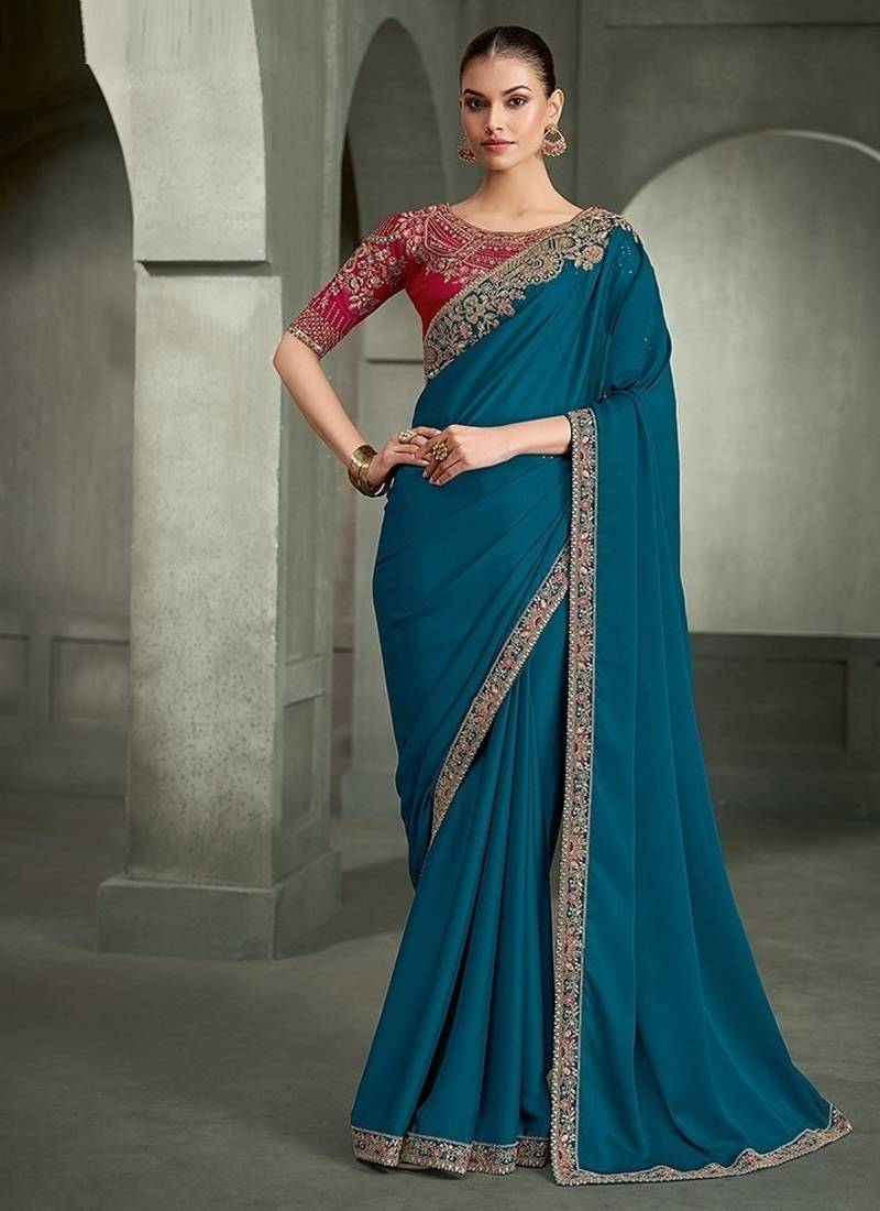 teal blue crape with georgette work blouse party wear saree