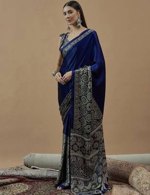blue ethnic motifs ajrak poly crepe block print saree 2