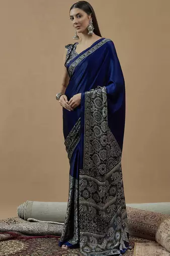 blue ethnic motifs ajrak poly crepe block print saree
