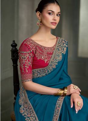 teal blue crape with georgette work blouse party wear saree 2
