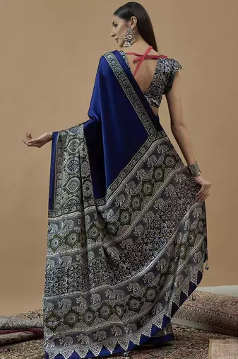 blue ethnic motifs ajrak poly crepe block print saree