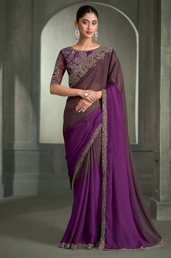 shaded wine chiffon with  banglori work blouse party wear saree