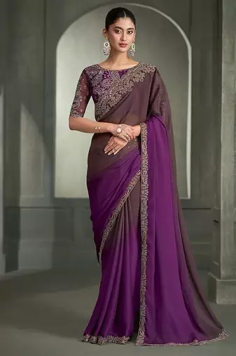 shaded wine chiffon with  banglori work blouse party wear saree